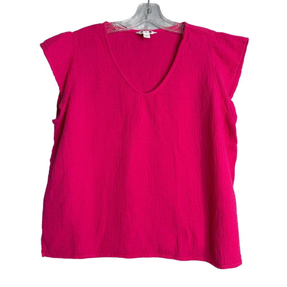 Three Dots Gauze Top Womens L Pink Beach Preppy Coastal Lagenlook Short Sleeve